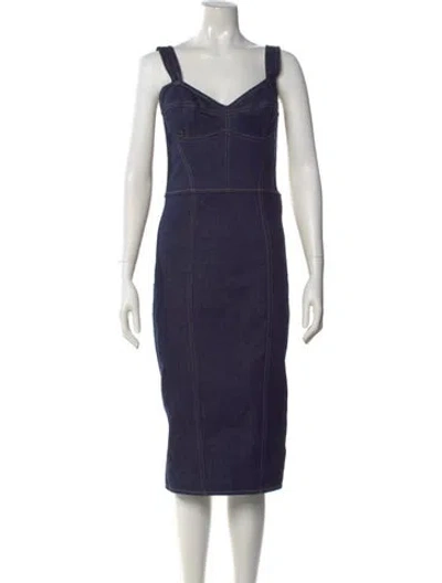 Pre-owned Dolce & Gabbana V-neck Midi Length Dress W/ Tags In Blue