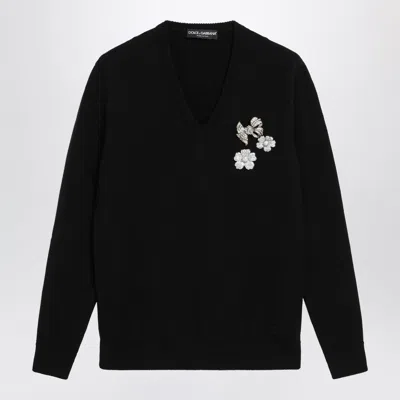 Dolce & Gabbana V-neck Sweater With Embroidered Floral Details In Wool, Black