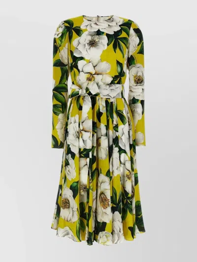 Dolce & Gabbana Waist Belt Crew Neck Floral Print Dress In Multicolor