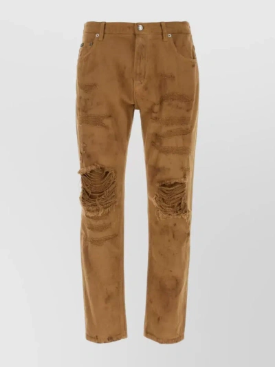 Dolce & Gabbana Waist Belt Loops Distressed Denim Trousers In Brown