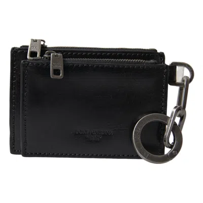 Pre-owned Dolce & Gabbana Wallet Black Leather Zip Logo Keyring Coin Purse Keyring 480usd