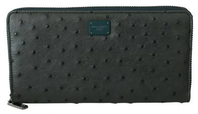 Pre-owned Dolce & Gabbana Wallet Green Ostrich Leather Continental Mens Clutch Rrp $1400