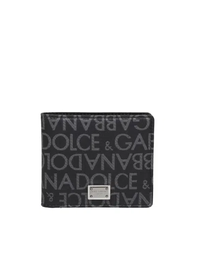 Dolce & Gabbana Wallet In Logoed Jacquard Fabric In Black / Grey
