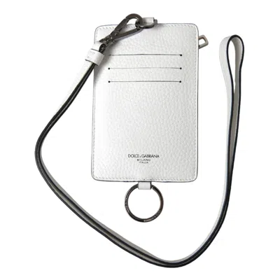 Pre-owned Dolce & Gabbana Wallet White Calf Leather Lanyard Logo Card Holder Men 480usd