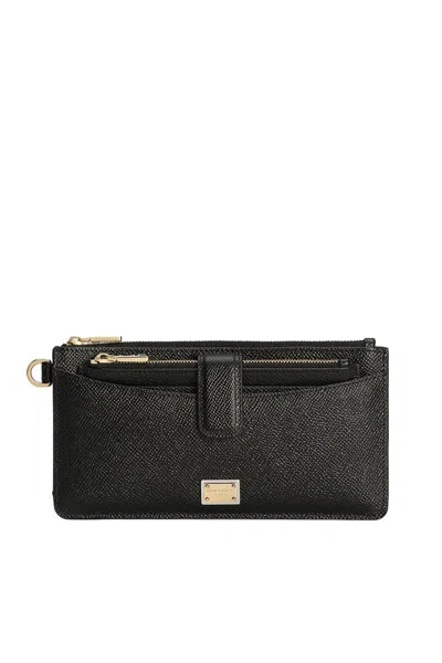 Dolce & Gabbana Leather Cardholder With Textured Finish And Gold-tone Hardware In Black