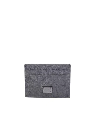Dolce & Gabbana Logo Plate Leather Cardholder In Gray