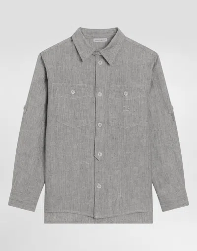 Dolce & Gabbana Washed Linen Canvas Shirt In Gray