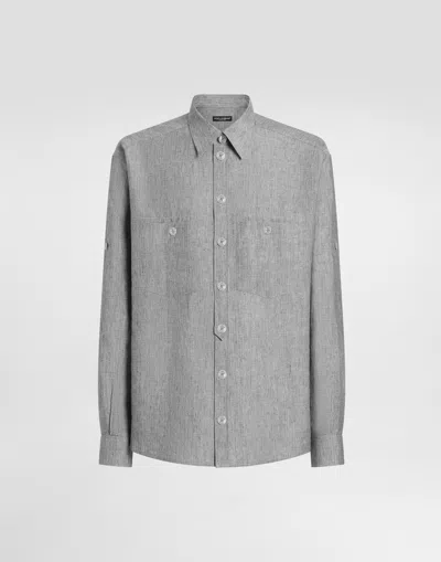 Dolce & Gabbana Washed Linen Canvas Shirt In Gray