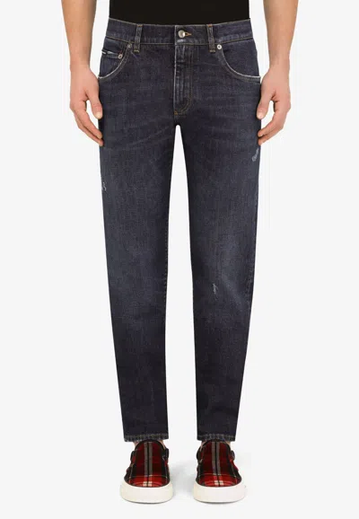 Dolce & Gabbana Washed Slim-fit Cotton Jeans In Blue