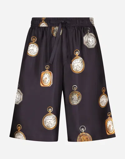 DOLCE & GABBANA WATCH-PRINT SILK JOGGING SHORTS