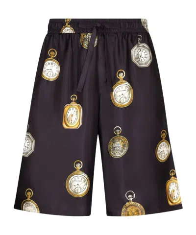 Dolce & Gabbana Watch-print Silk Jogging Shorts In Black