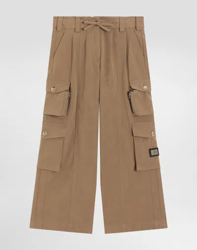 Dolce & Gabbana Kids' Waxed Faille Cargo Trousers In Brown