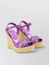 Dolce & Gabbana Violet Wedges With Logo Embroidery On The Front And All-over Majolica Motif In Cotton Blend Woman In Purple
