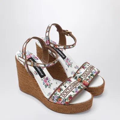 Dolce & Gabbana Leather-trimmed Embroidered Canvas Platform Wedge Sandals In Brown
