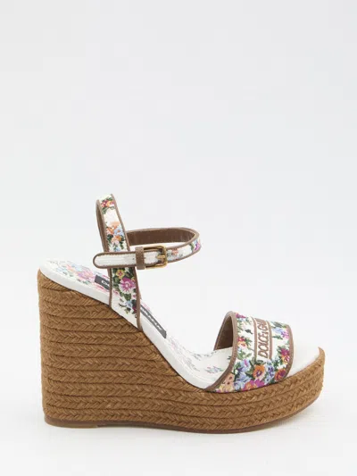 Dolce & Gabbana Wedge Sandals With Logo Embroidery In White