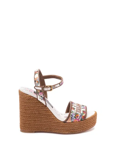 Dolce & Gabbana Leather-trimmed Embroidered Canvas Platform Wedge Sandals In Brown