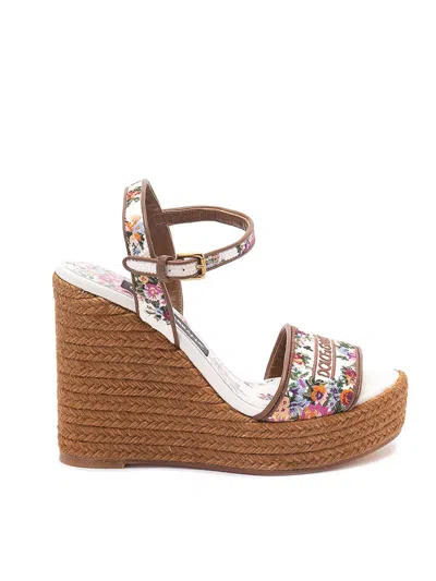Dolce & Gabbana Wedge Sandals With Logo Embroidery In White