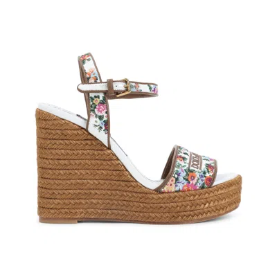 Dolce & Gabbana Leather-trimmed Embroidered Canvas Platform Wedge Sandals In Brown