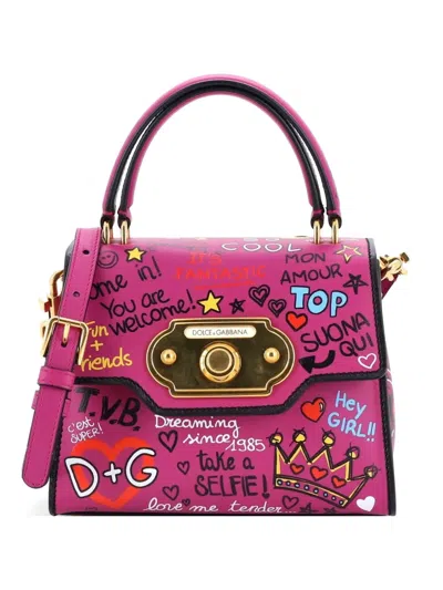Pre-owned Dolce & Gabbana Welcome Top Handle Bag Printed Leather Mini Satchel In Purple
