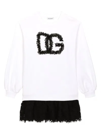 Dolce & Gabbana Kids' Logo-embellished Lace-panel Minidress In White