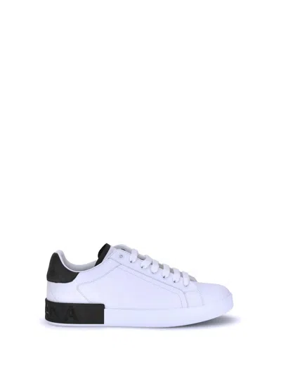 Dolce & Gabbana White And Black Leather Portofino Low Top Sneakers