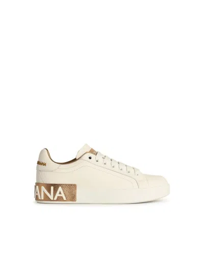 DOLCE & GABBANA DOLCE & GABBANA WHITE AND GOLD LEATHER PORTOFINO SNEAKERS