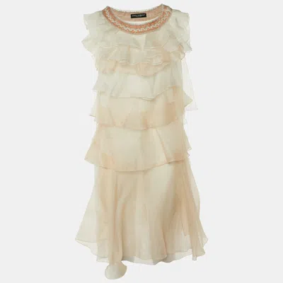 Pre-owned Dolce & Gabbana White & Pink Organza Ruffled Mini Dress S