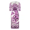 Dolce & Gabbana Violet Crewneck Dress With Rear Zip Closure And All-over Floral Print In Silk Stretch Woman In Purple