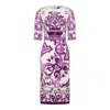Dolce & Gabbana Violet Crewneck Dress With Rear Zip Closure And All-over Floral Print In Silk Stretch Woman In Purple