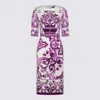 Dolce & Gabbana Violet Crewneck Dress With Rear Zip Closure And All-over Floral Print In Silk Stretch Woman