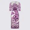 Dolce & Gabbana Violet Crewneck Dress With Rear Zip Closure And All-over Floral Print In Silk Stretch Woman
