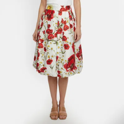 Pre-owned Dolce & Gabbana White And Red Floral Printed Cotton And Silk Pleated Skirt S