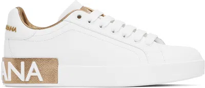 Dolce & Gabbana White & Rose Gold Calfskin Portofino Sneakers In 8l315 Oro Polvere