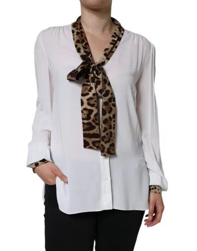 Pre-owned Dolce & Gabbana White Ascot Collar Long Sleeve Top Women's Blouse ()