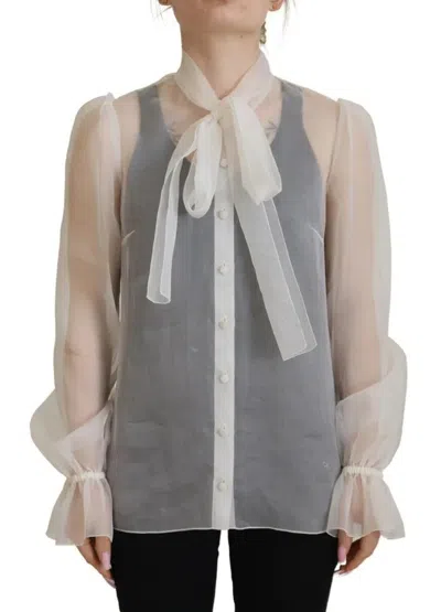 Pre-owned Dolce & Gabbana White Ascot Collar Long Sleeves Blouse Women's Top ()