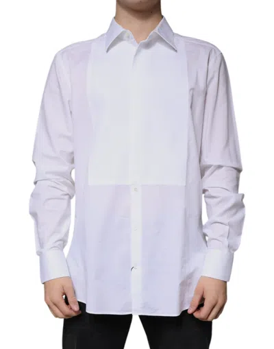 Pre-owned Dolce & Gabbana White Bib Cotton Poplin Gold Formal Men's Shirt ()