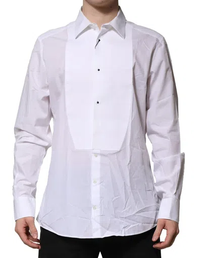 Pre-owned Dolce & Gabbana White Bib Cotton Poplin Gold Formal Men's Shirt ()