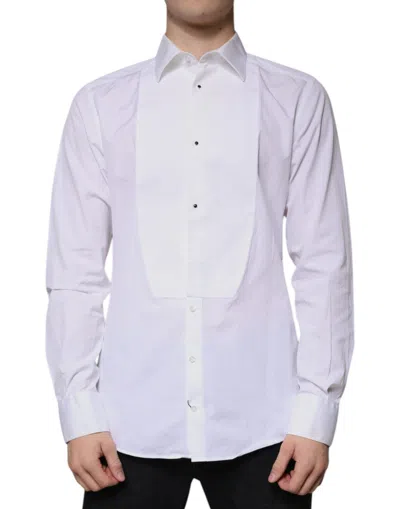 Pre-owned Dolce & Gabbana White Bib Cotton Poplin Gold Men Formal Men's Shirt ()