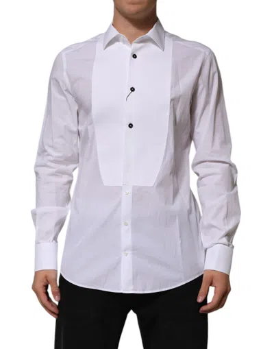 Pre-owned Dolce & Gabbana White Bib Cotton Poplin Gold Men Formal Men's Shirt ()