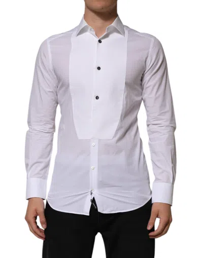 Pre-owned Dolce & Gabbana White Bib Cotton Poplin Gold Men Formal Men's Shirt ()