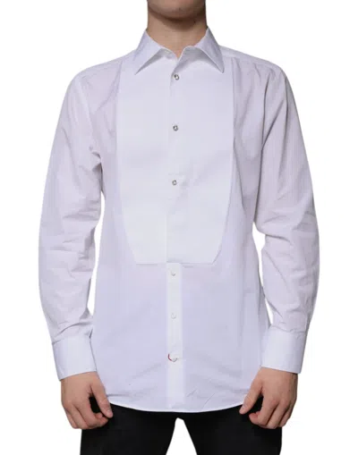 Pre-owned Dolce & Gabbana White Bib Cotton Poplin Gold Men Formal Men's Shirt ()
