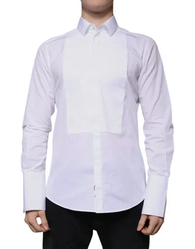 Pre-owned Dolce & Gabbana White Bib Cotton Poplin Gold Men Formal Men's Shirt ()