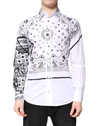 Pre-owned Dolce & Gabbana White Black Bandana Martini Men Dress Men's Shirt ()