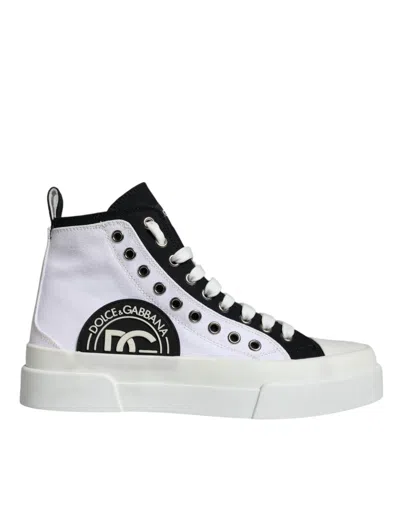 Pre-owned Dolce & Gabbana White Black Cotton Logo High Top Sneaker Men's Shoes () In Black/white