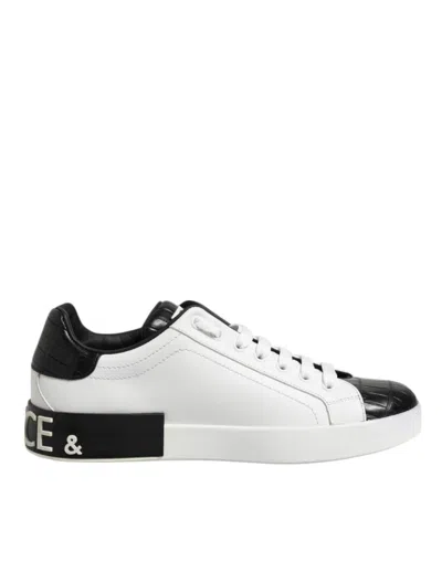 Pre-owned Dolce & Gabbana White Black Leather Portofino Sneaker Men's Shoes () In Multi