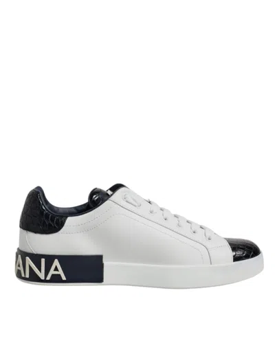 Pre-owned Dolce & Gabbana White Black Leather Portofino Sneaker Men's Shoes () In Multi