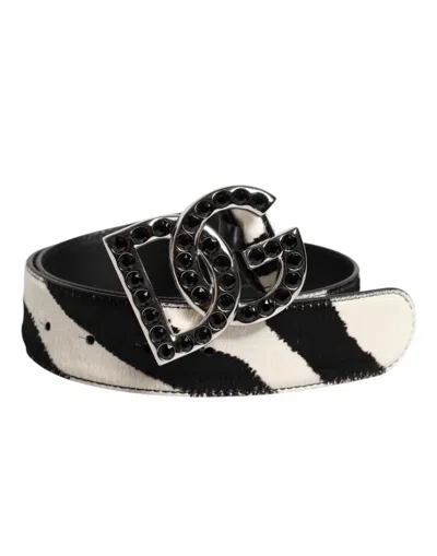 Dolce & Gabbana White Black Leather Zebra Dg Crystal Buckle Belt