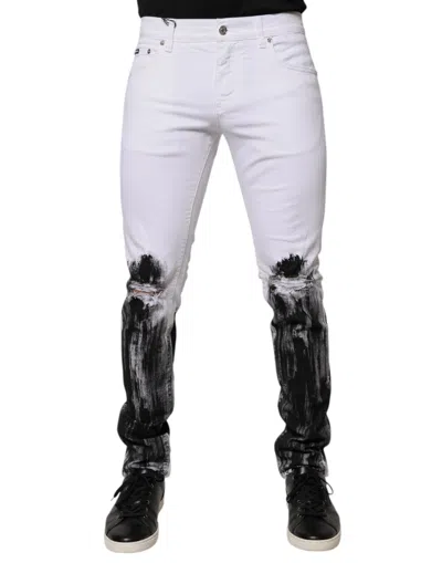 Pre-owned Dolce & Gabbana White Black Logo Cotton Skinny Denim Men's Jeans () In Black/white