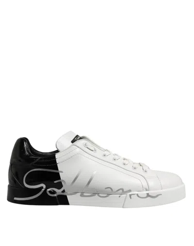 Dolce & Gabbana White Black Logo Low Top Leather Sneakers Shoes In Black/white