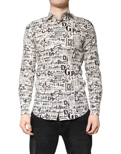 Pre-owned Dolce & Gabbana White Black Logo Martini Men Casual Men's Shirt () In Multi